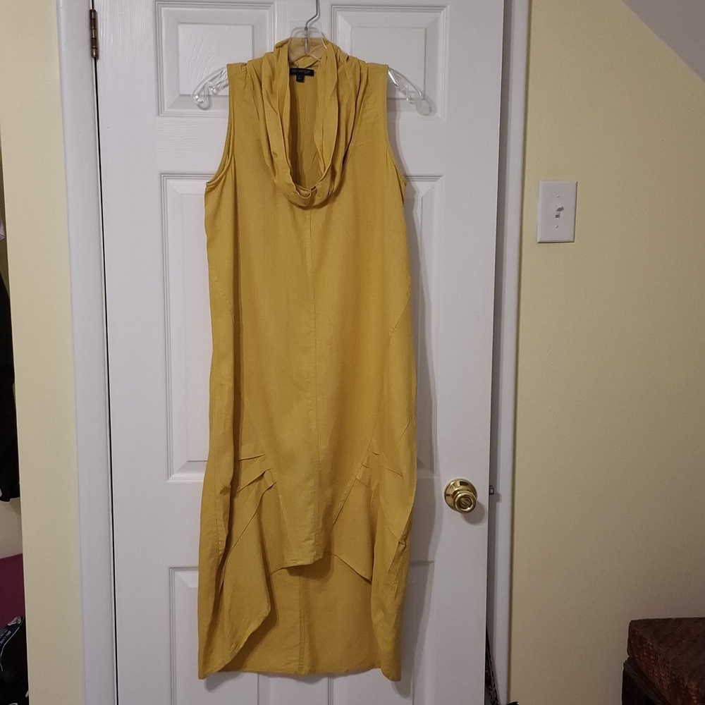 For Cynthia sz S, harvest gold, Linen blend, asymmetrical dress.